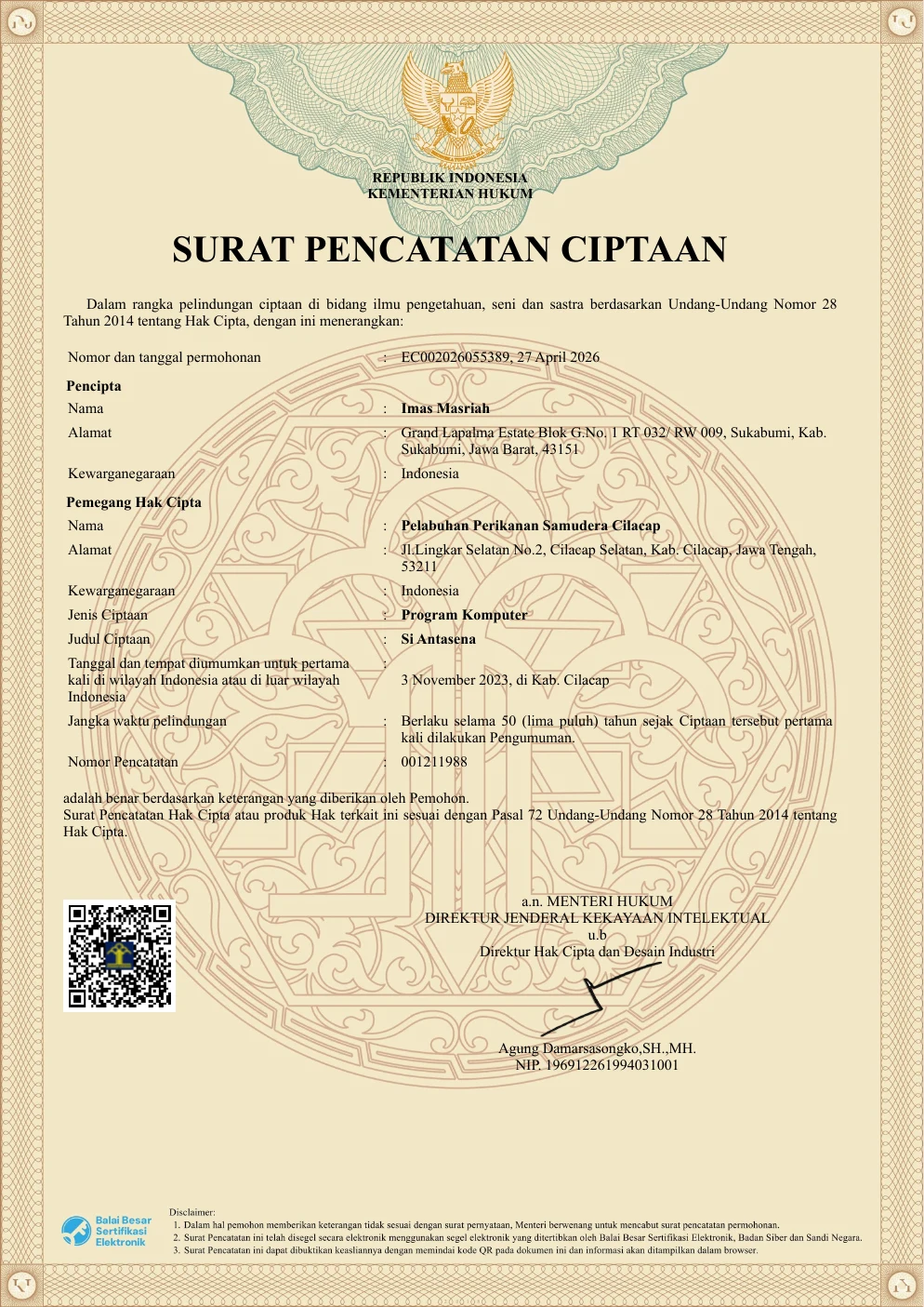 Pratinjau Surat Pencatatan Ciptaan Si Antasena